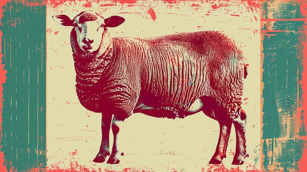 Ein Gemälde eines Schafes mit rotem und grünem Hintergrund Das Schaf steht da und schaut auf den Betrachter