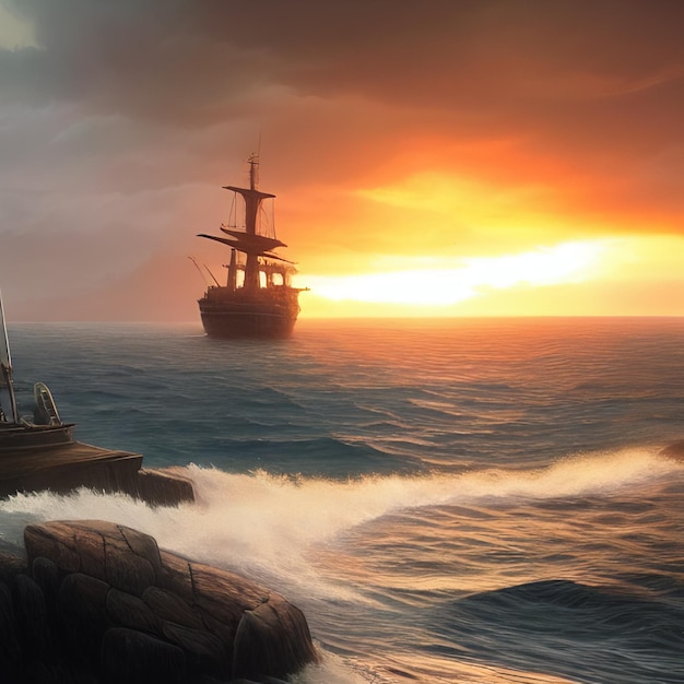 Ein Gemälde eines Schiffes im Ozean mit einem Sonnenuntergang im Hintergrund.
