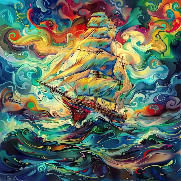 Ein Gemälde eines Schiffes im Ozean