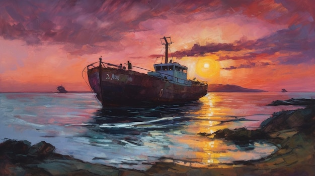 Ein Gemälde eines Schiffes im Wasser mit der untergehenden Sonne dahinter.