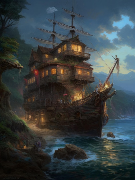 Ein Gemälde eines Schiffes mit einem Leuchtturm auf der Vorderseite.