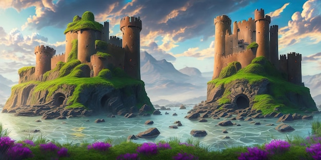 Ein Gemälde eines Schlosses mit einem Berg im Hintergrund.