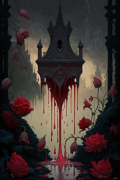 Ein Gemälde eines Schlosses mit einem Turm und Rosen darauf.
