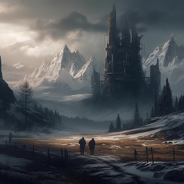 ein Gemälde eines Schlosses mitten in einer verschneiten Landschaft.
