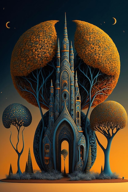 Ein Gemälde eines Schlosses, umgeben von generativen ai-Bäumen