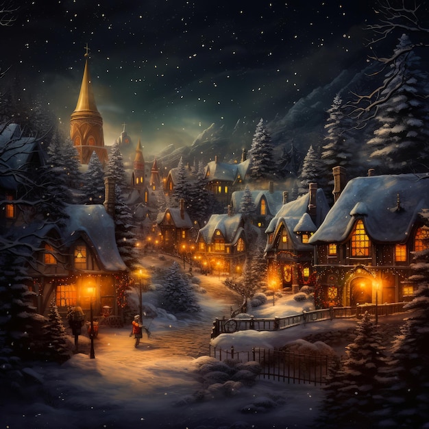 ein Gemälde eines schneebedeckten Dorfes bei Nacht mit einer Kirche und einer Person, die am Ende im Schnee läuft