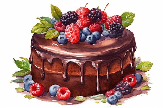 Ein Gemälde eines Schokoladenkuchens mit Beeren darauf