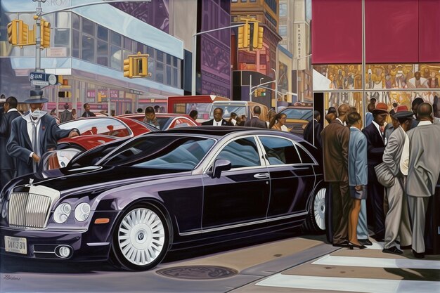 Ein Gemälde eines schwarzen Bentley, um den herum Menschen stehen.
