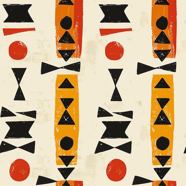 ein Gemälde eines schwarzen und orangefarbenen geometrischen Designs mit einem roten Kreis und Pfeilen