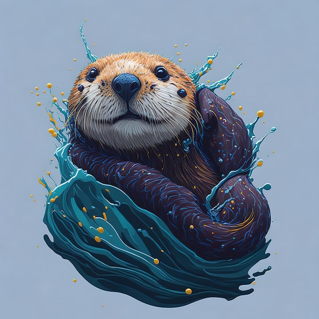 Ein Gemälde eines Seeotters mit blauem Hintergrund und gelber Farbe.