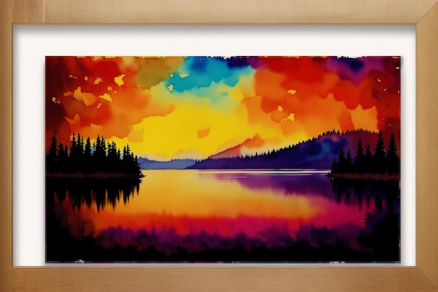 Ein Gemälde eines Sees mit einem bunten Himmel und einem Sonnenuntergang im Hintergrund.