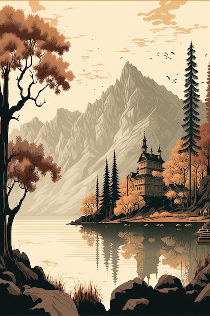 Ein Gemälde eines Sees mit einer Burg und einem Berg im Hintergrund.