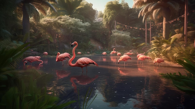 Ein Gemälde eines Sees mit Flamingos im Hintergrund.