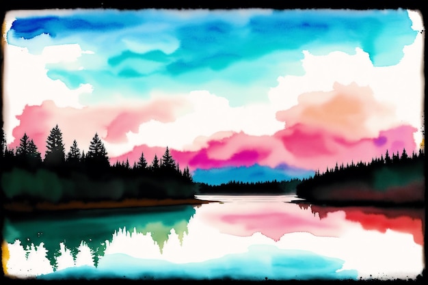Ein Gemälde eines Sees mit Himmel und Wolken.
