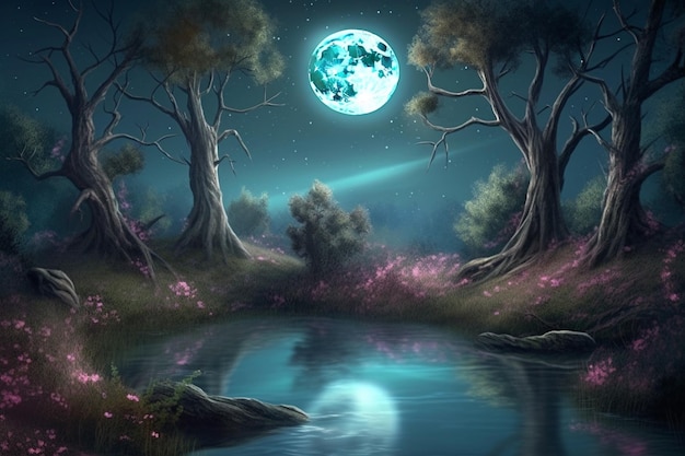 Ein Gemälde eines Sees mit Mond und Sternen