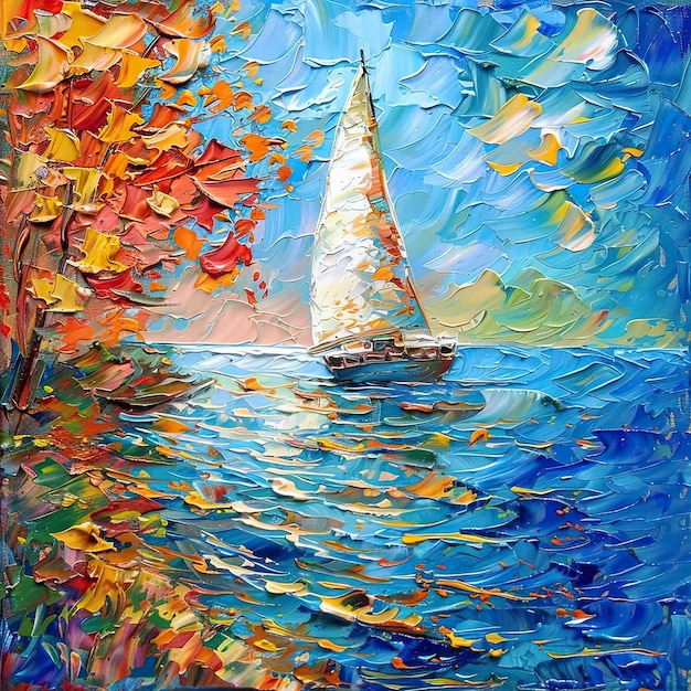 Ein Gemälde eines Segelbootes auf dem Wasser