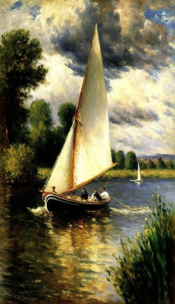 Ein Gemälde eines Segelboots mit drei Personen darauf.