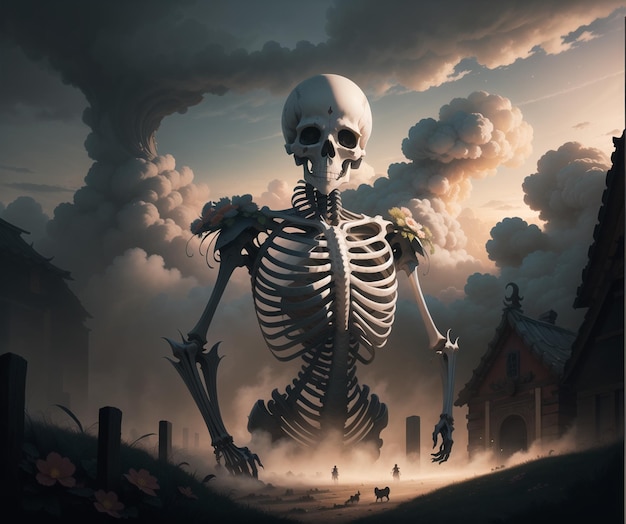 Ein Gemälde eines Skeletts mit einem Haus im Hintergrund.
