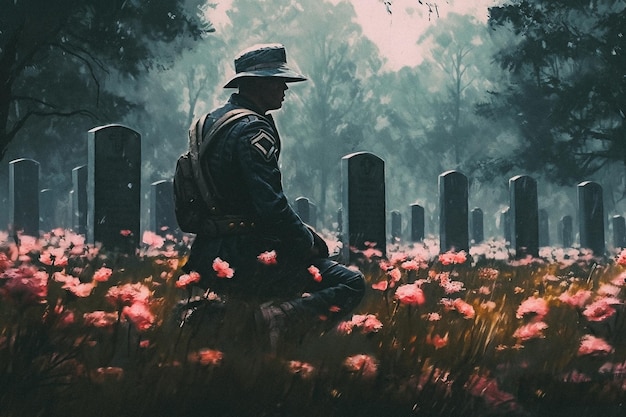 Ein Gemälde eines Soldaten, der am Memorial Day auf einem Friedhof steht