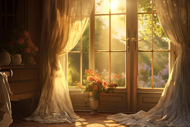 Ein Gemälde eines sonnendurchfluteten Fensters mit einem Vorhang und einer Blume im Vordergrund.
