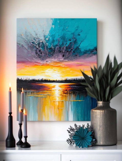 Ein Gemälde eines Sonnenuntergangs auf einem Tisch mit einer Blume.