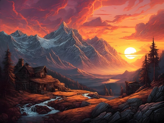 Ein Gemälde eines Sonnenuntergangs in der Berg-Apokalypse-Landschaft