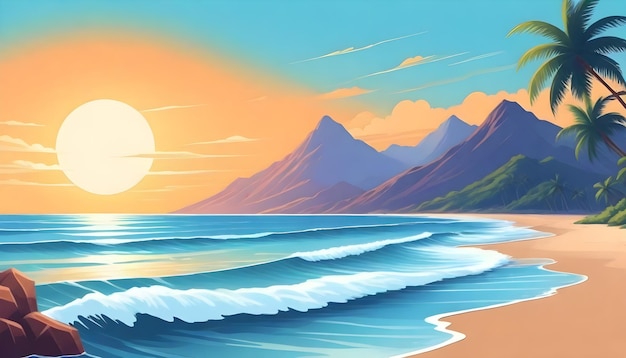 ein Gemälde eines Sonnenuntergangs mit Bergen und Ozean im Hintergrund