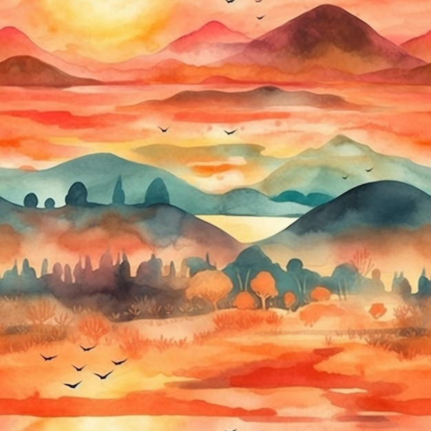 ein Gemälde eines Sonnenuntergangs mit Bergen und Vögeln, die in den Himmel fliegen, generative KI