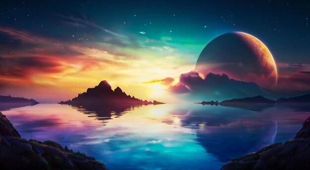 ein Gemälde eines Sonnenuntergangs mit dem Mond und dem Ozean im Hintergrund
