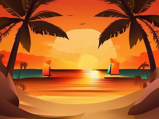 ein Gemälde eines Sonnenuntergangs mit Palmen und einem Sonnenuntergang