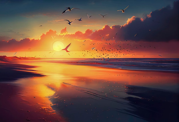 Ein Gemälde eines Sonnenuntergangs mit Vögeln, die über den Ozean fliegen.