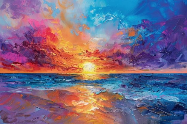 Ein Gemälde eines Sonnenuntergangs über dem Ozean