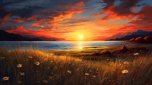 ein Gemälde eines Sonnenuntergangs über einem See