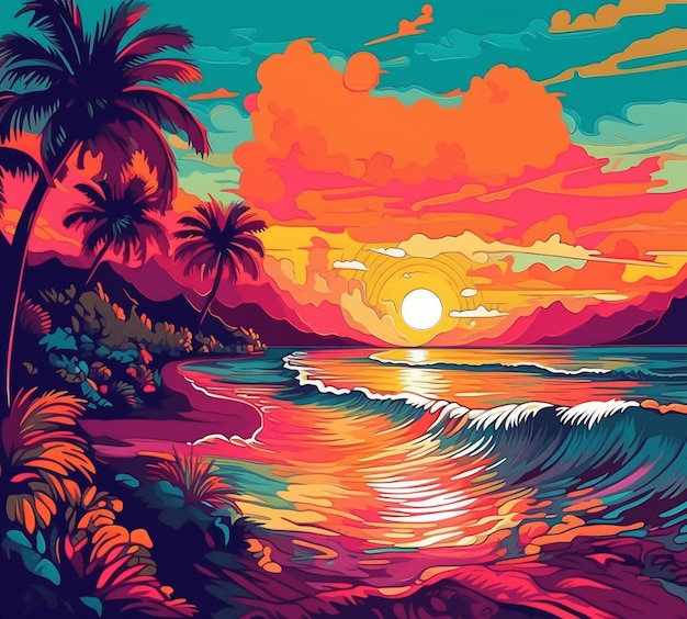 Ein Gemälde eines Sonnenuntergangs über einem Strand mit generativen Palmen