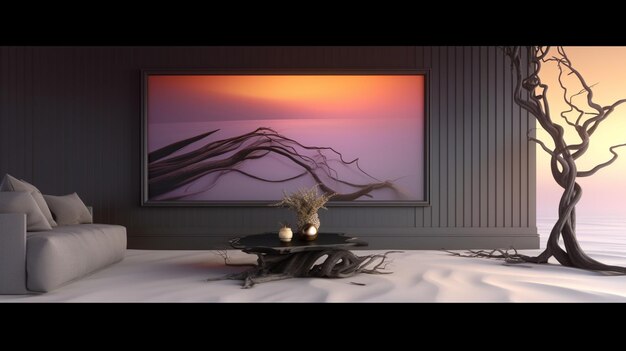 Ein Gemälde eines Sonnenuntergangs und einer Vase mit einer Pflanze darauf