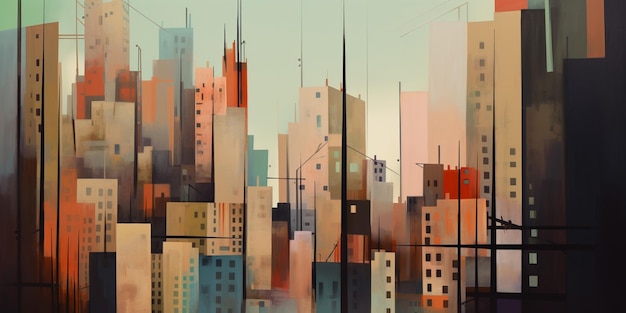 Ein Gemälde eines Stadtbildes mit einem Stadtbild im Hintergrund.
