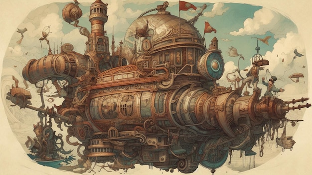 Ein Gemälde eines Steampunk-Schiffes mit einem großen Steampunk-Schiff im Hintergrund.