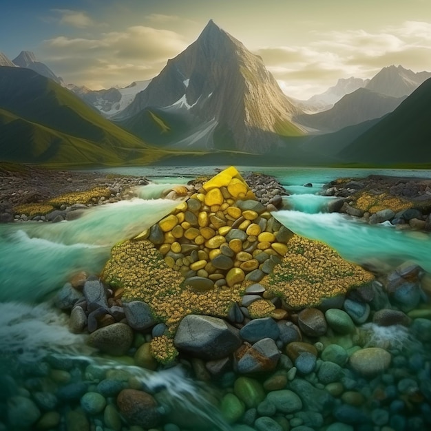 Ein Gemälde eines Steinhaufens mit einem Berg im Hintergrund.