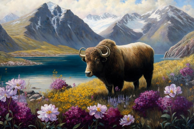 Ein Gemälde eines Stiers auf einem Feld mit Bergen im Hintergrund.