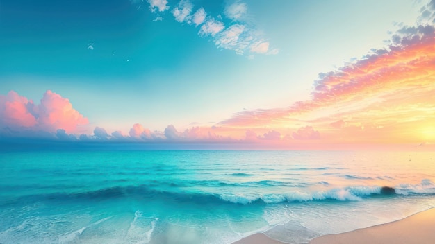 Ein Gemälde eines Strandes mit blauem Himmel und Wolken.