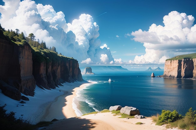 Ein Gemälde eines Strandes mit blauem Himmel und Wolken