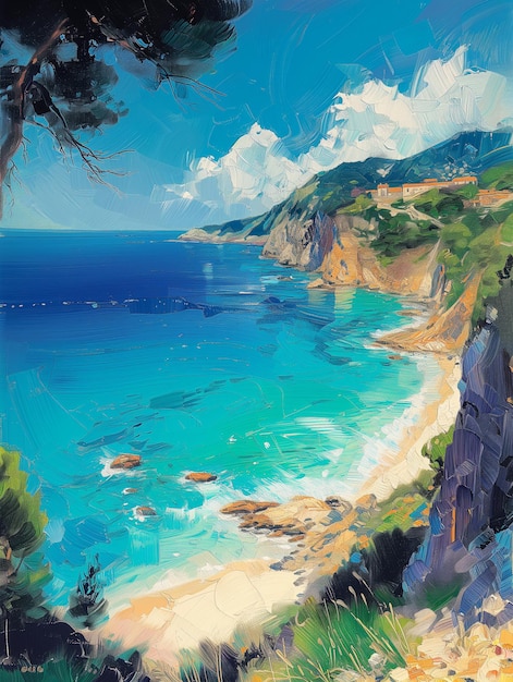 ein Gemälde eines Strandes mit Blick auf den Ozean und die Berge