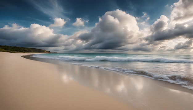 ein Gemälde eines Strandes mit einem bewölkten Himmel und dem Ozean im Hintergrund