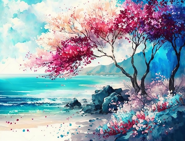 Ein Gemälde eines Strandes mit einem Gemälde eines Strandes und des Ozeans im Hintergrund.
