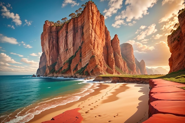 Ein Gemälde eines Strandes mit einem Strand und dem Meer im Hintergrund.