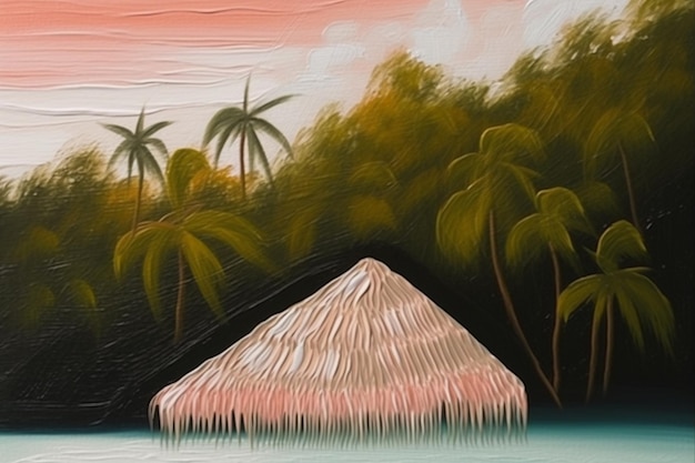 Ein Gemälde eines Strandes mit einem strohgedeckten Regenschirm