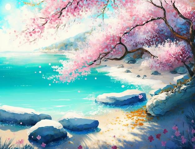 Ein Gemälde eines Strandes mit einem wunderschönen Kirschblütenbaum.