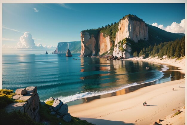 Ein Gemälde eines Strandes mit einer Klippe im Hintergrund.