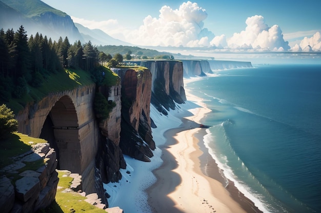 Ein Gemälde eines Strandes mit einer Klippe und eines Strandes mit blauem Himmel und Wolken.