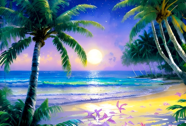 Ein Gemälde eines Strandes mit Palmen und dem Mond